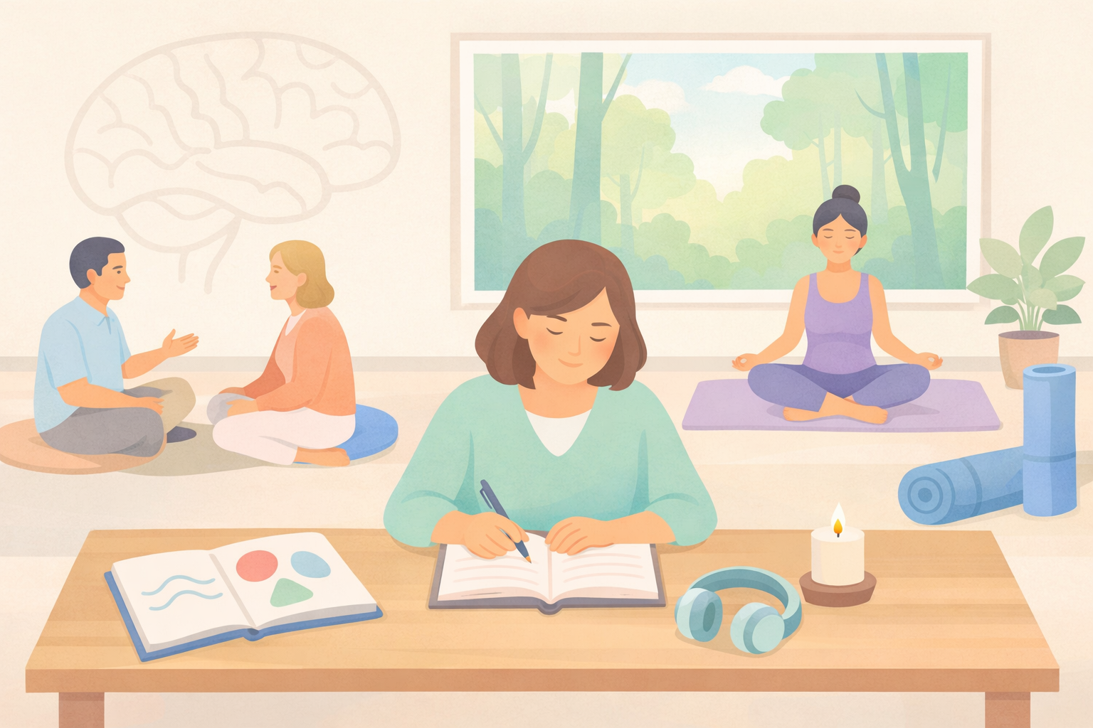 Flat vector illustration of post-psilocybin integration practices including journaling, group therapy, and meditation, showing how to capitalize on the neuroplastic window after a psychedelic retreat.