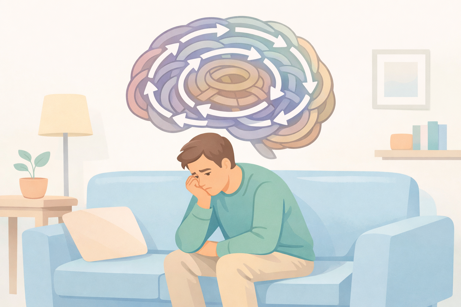 Flat vector illustration of a person sitting on a couch with a tangled, looping brain graphic overhead, depicting rigid repetitive negative thinking patterns and mental rumination linked to depression and anxiety.