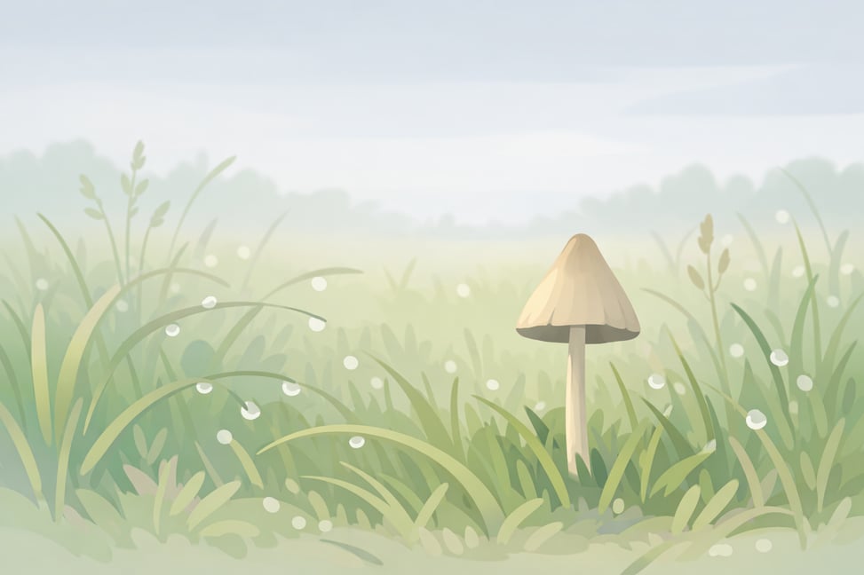 Soft pastel illustration of a single Psilocybe semilanceata Liberty Cap mushroom growing among dewy grass in a meadow, representing the world's most widely distributed psilocybin mushroom species.