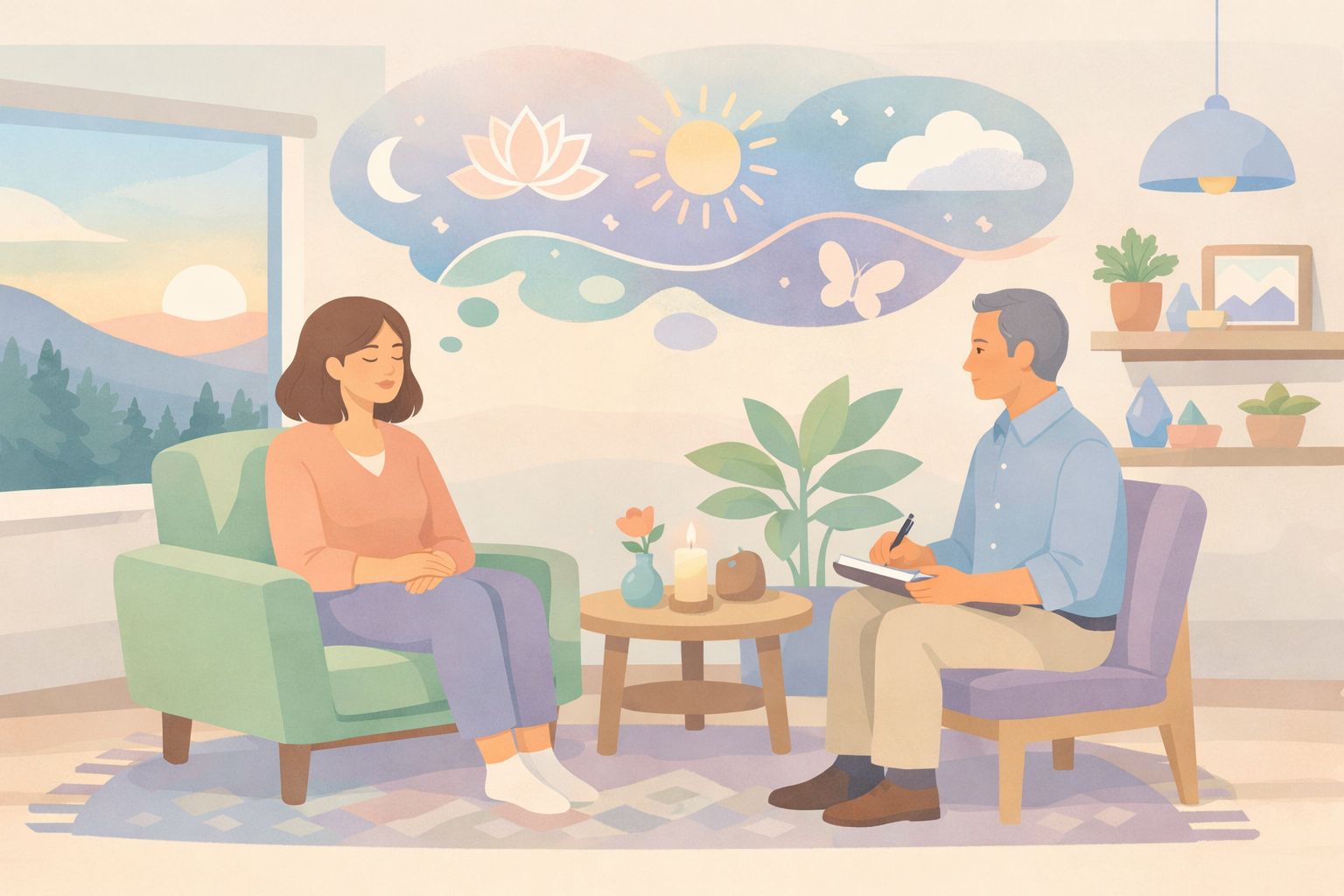 Flat vector illustration of a person in a psilocybin therapy session with a facilitator, with a thought cloud showing symbolic psychedelic effects including onset, peak, and comedown stages of a Liberty Cap mushroom experience.