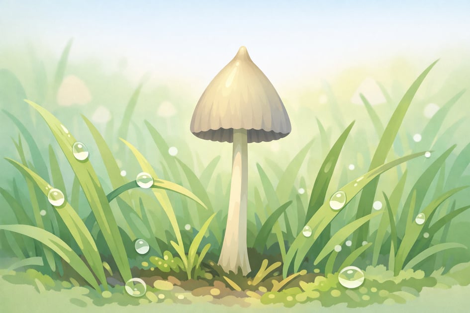 Soft pastel illustration of a solitary Psilocybe semilanceata Liberty Cap mushroom with a conical cap growing in dewy green grass, showing the species' distinctive appearance and high psilocybin content.