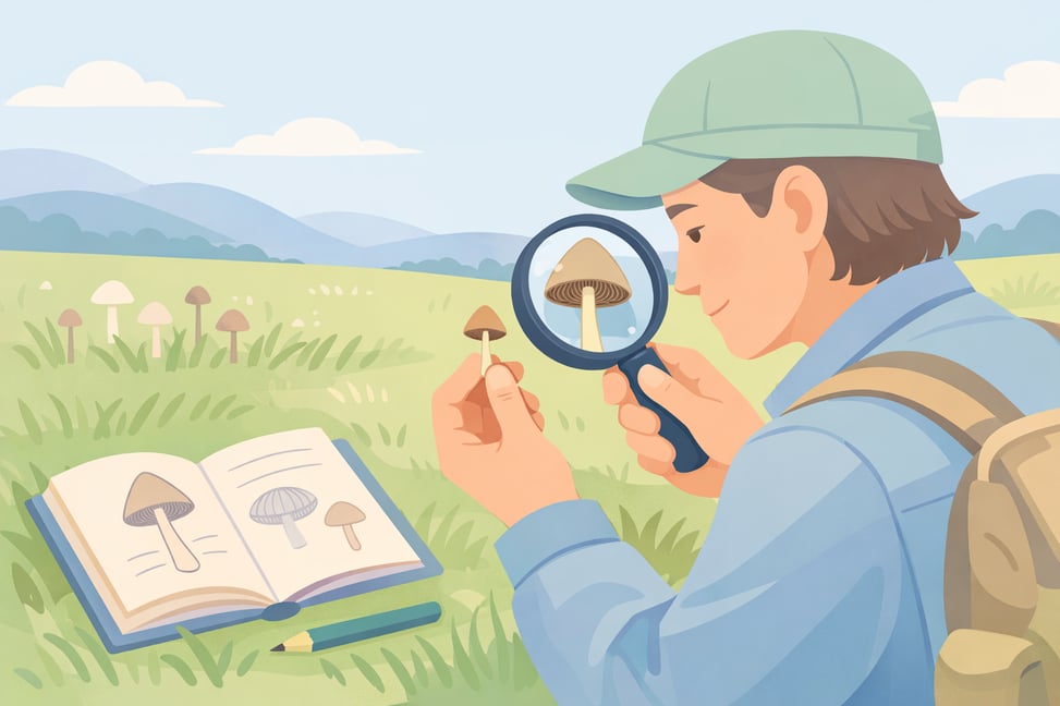 Flat vector illustration of a mycologist examining a Psilocybe semilanceata mushroom through a magnifying glass in a grassy field with an open field guide, depicting how to identify Liberty Cap mushrooms in the wild.