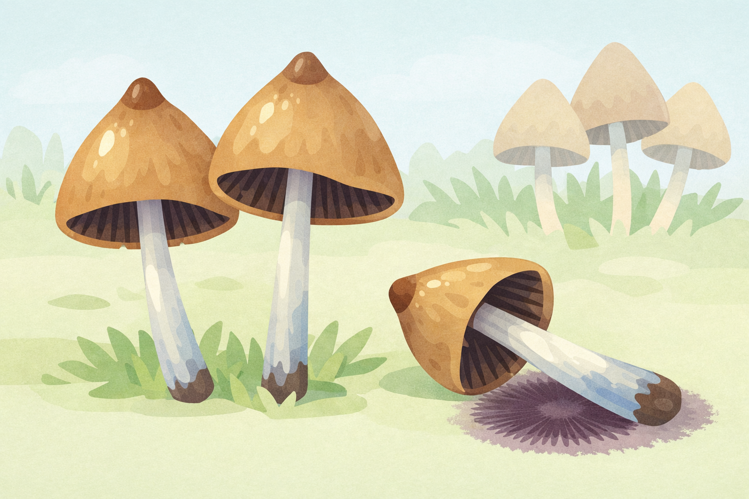 Flat vector illustration of multiple Psilocybe semilanceata mushrooms at different growth stages showing the conical cap, dark purplish-brown spores, and distinctive nipple-like umbo, illustrating key identification features of Liberty Cap mushrooms.