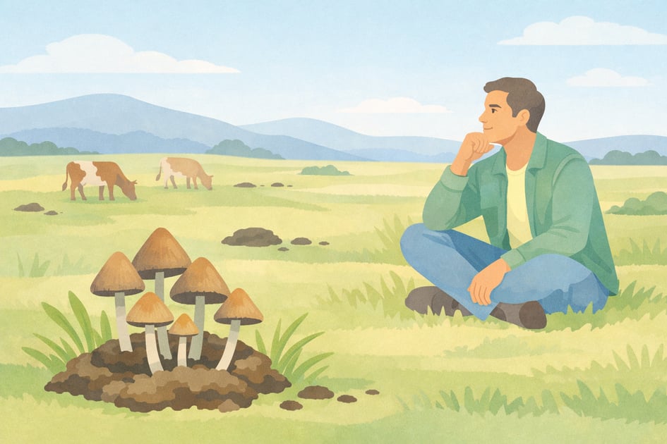 Flat vector illustration of a cluster of Psilocybe ingeli mushrooms growing in an African savanna landscape with acacia trees, representing the newly discovered high-potency psilocybin mushroom species from South Africa.