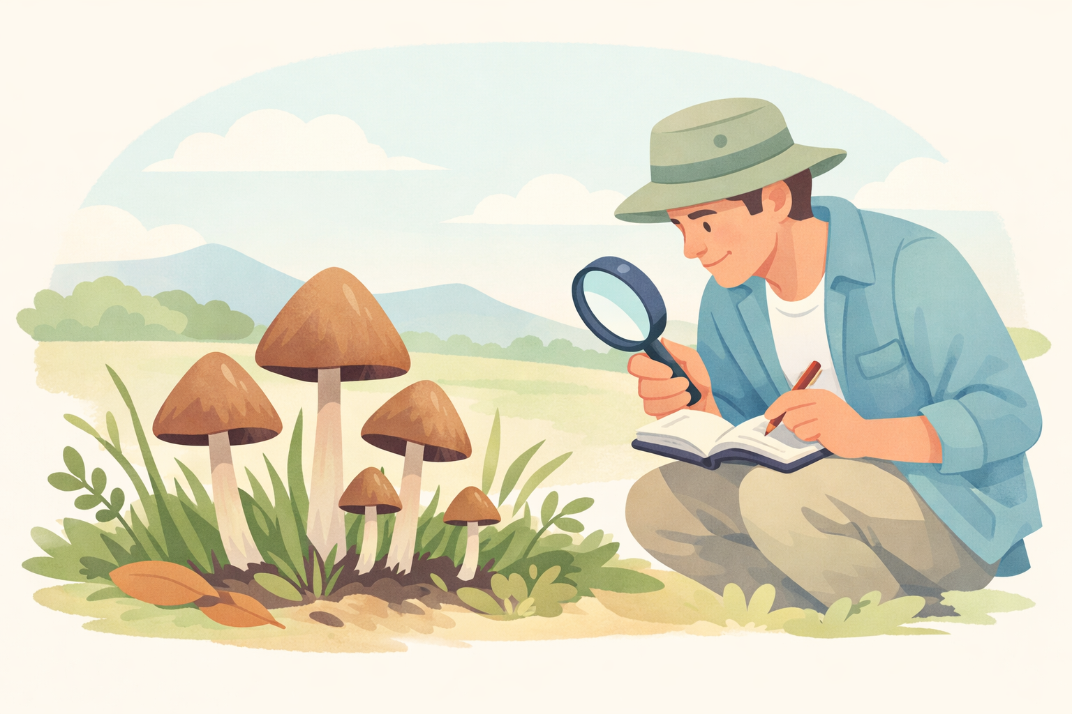 Flat vector illustration of a mycologist in a field hat examining Psilocybe ingeli mushrooms growing in grassland with a magnifying glass and open field guide, depicting citizen mycologist identification of new Psilocybe species in Africa.