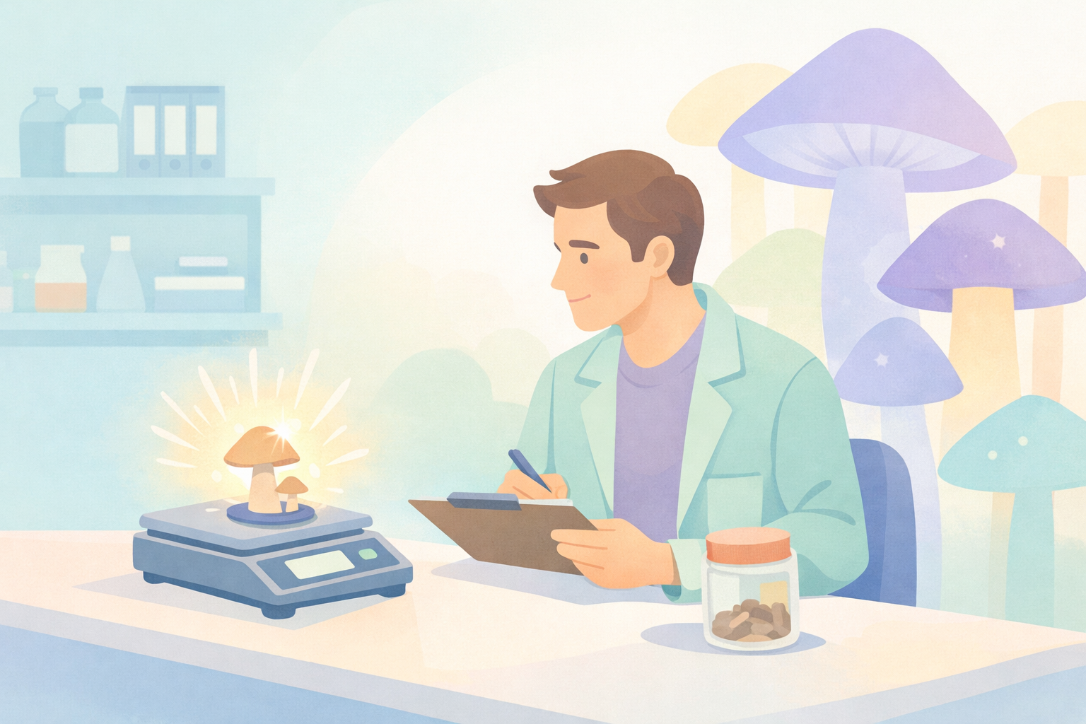 Flat vector illustration of a researcher in a lab coat weighing a glowing Psilocybe ingeli mushroom on a digital scale while taking notes on a clipboard, with a jar of dried mushrooms on the desk and large pastel-colored psilocybin mushrooms in the background, representing scientific potency measurement and alkaloid research.
