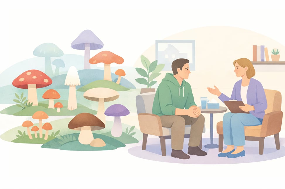 Flat vector illustration of a person consulting with a therapist or guide in a cozy office setting, with a diverse array of colorful psilocybin mushroom species including Amanita, Liberty Cap, and Psilocybe cubensis displayed in the background, representing harm reduction counseling and informed decision-making before consuming psychedelic mushrooms.