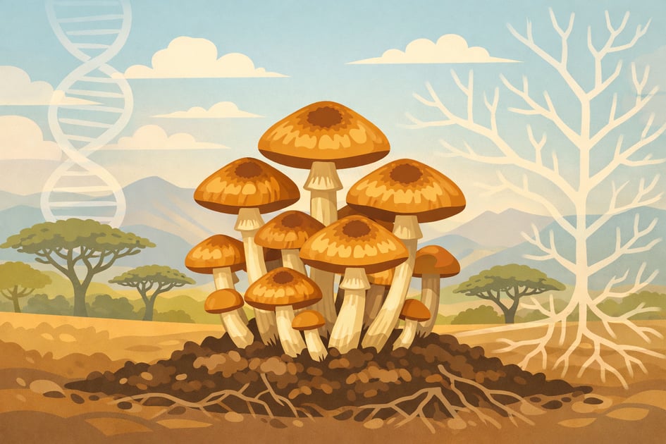 Flat vector illustration of a cluster of Psilocybe ochraceocentrata mushrooms growing from African soil with a DNA helix and bare tree in the background, representing the newly identified Golden Teacher relative