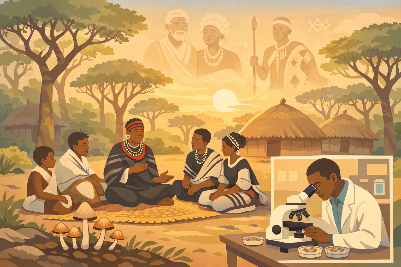 Flat vector illustration of an African Miombo woodland scene showing indigenous community gathering with mushrooms in the foreground and a scientist examining specimens under a microscope, depicting the natural habitat and cultural context of Psilocybe ochraceocentrata.