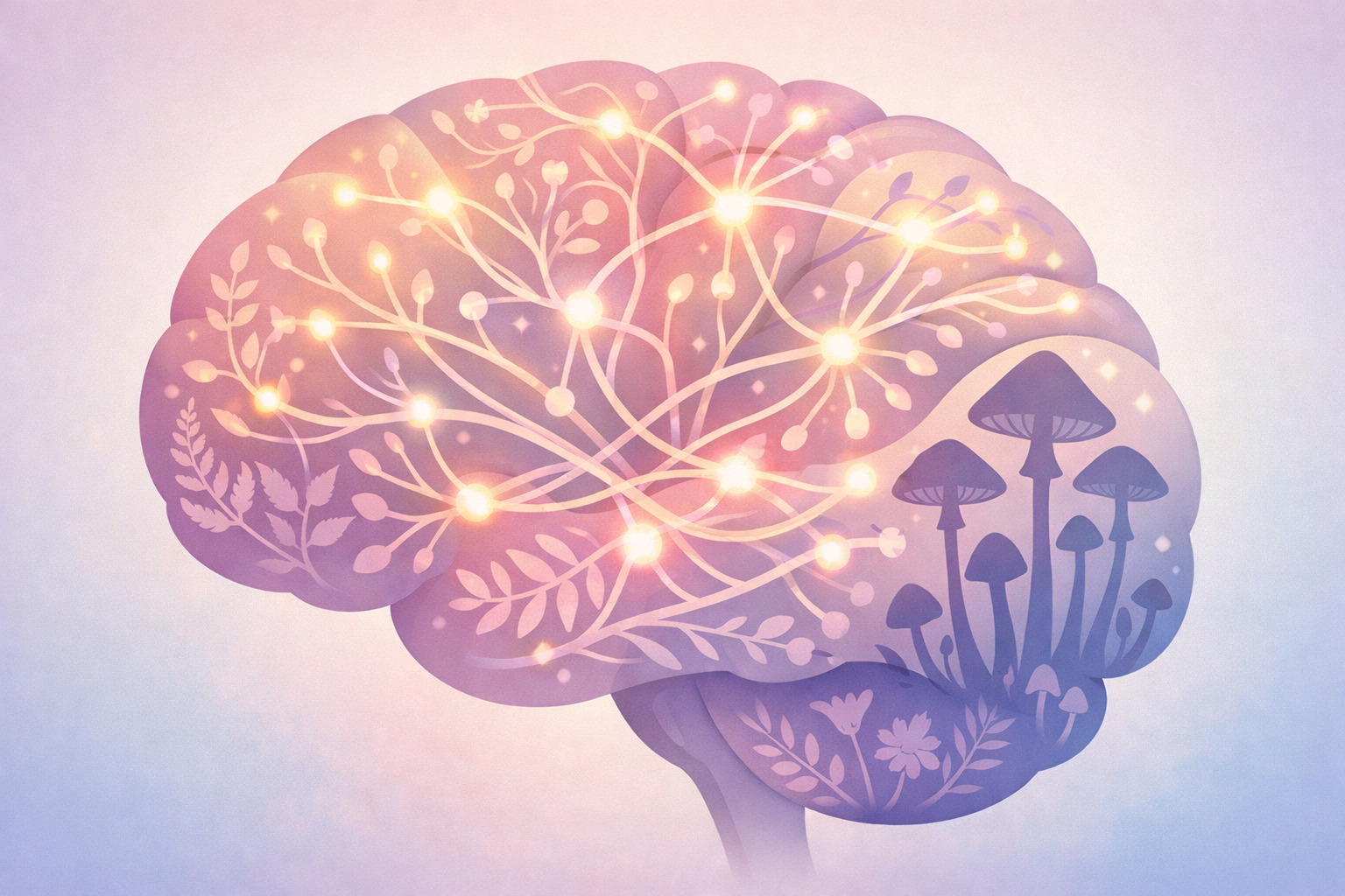 Psychedelic therapy brain illustration for Beckley Retreats, depicting glowing neural networks intertwined with mushrooms, vines, and flowers symbolizing psilocybin neurogenesis.