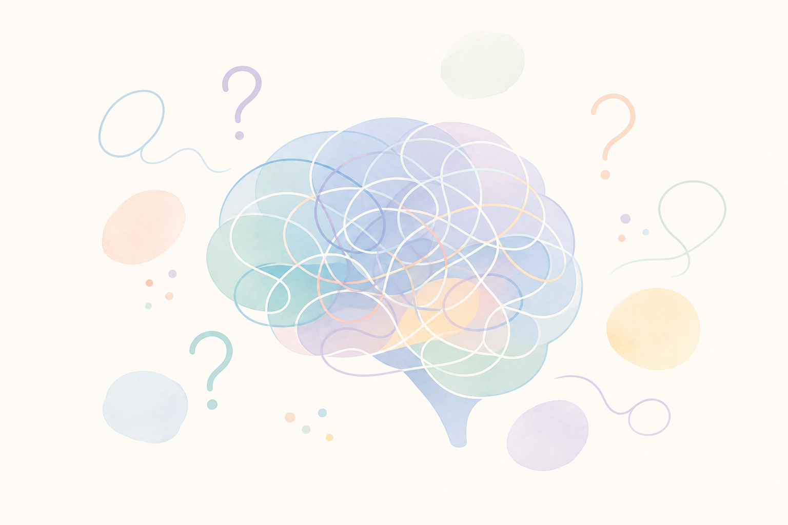 Abstract Brain with Gentle Question Marks and Overlapping Lines