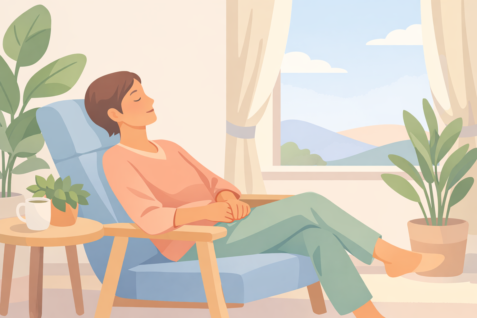 Adult in Comfortable Chair at Dusk with Plants and Soft Light-1