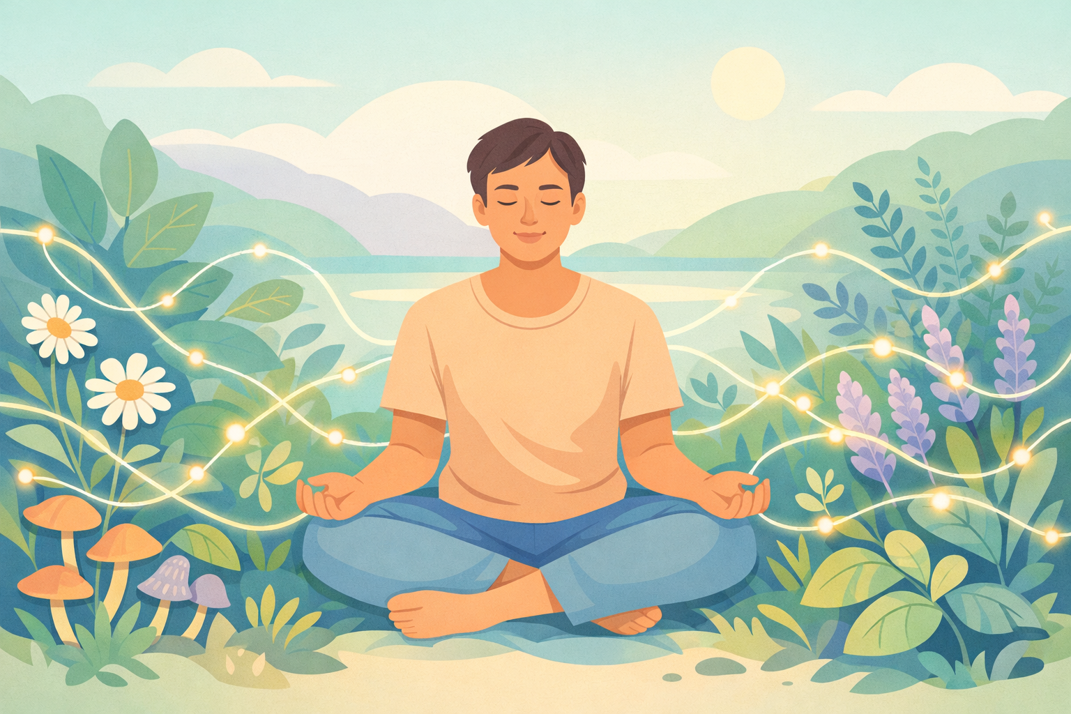 Adult in PastelStyled Natural Environment with Glowing Plant Connections-1