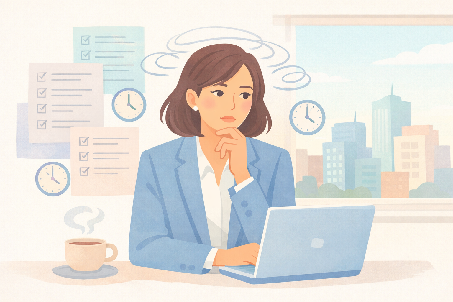 Anxious Professional in Pastel Office Setting