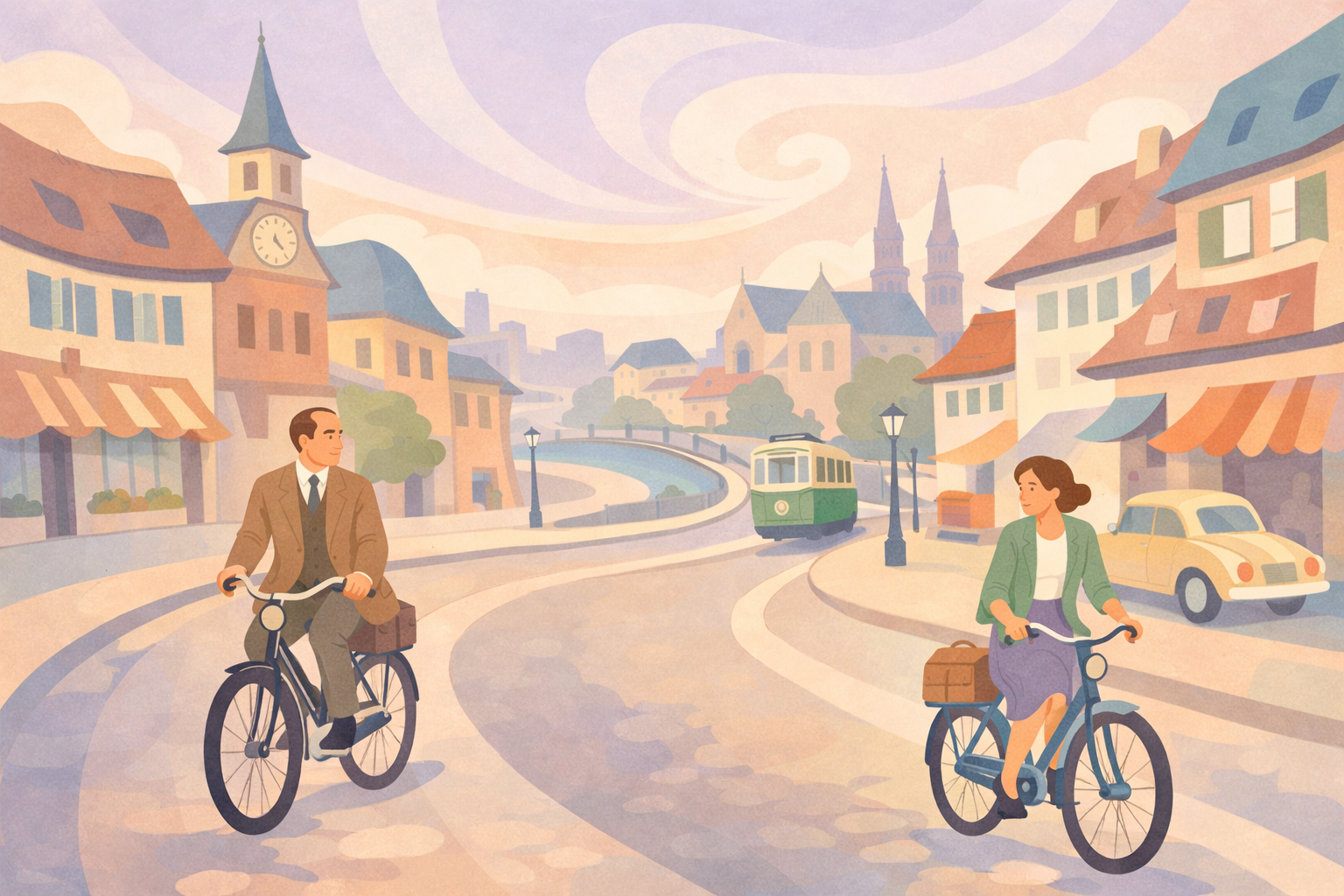 Basel Street with Albert Hofmann and Assistant in Dreamlike Pastel Palette-1