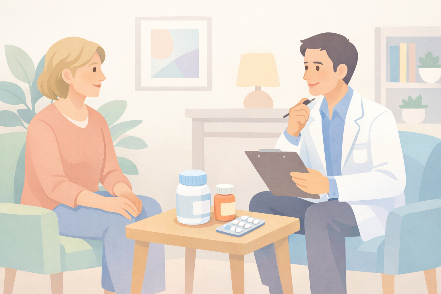 Calm Adult Consultation in Soft Pastel Clinical Space-1
