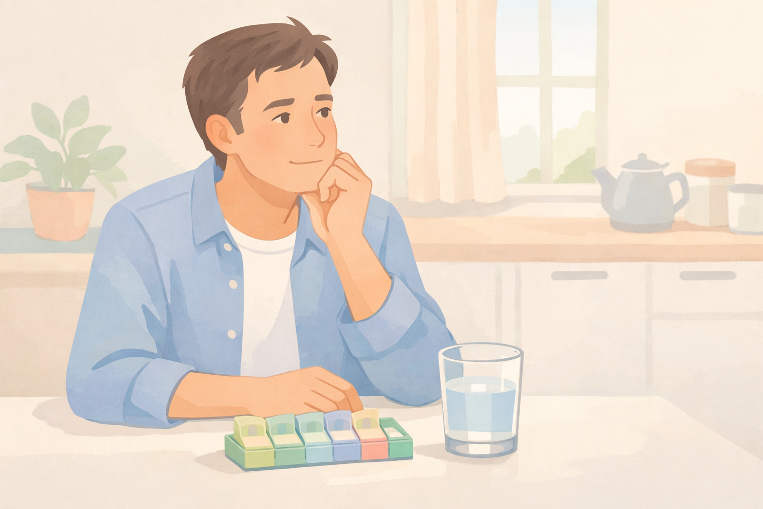 Calm Adult at Kitchen Table with Pill Organizer-1