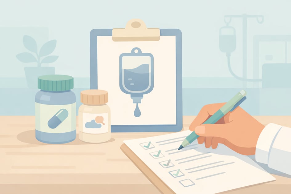 Clinical illustration of a checklist clipboard, oral antidepressant pill bottles, and a ketamine IV bag on a desk, representing medication review before ketamine therapy