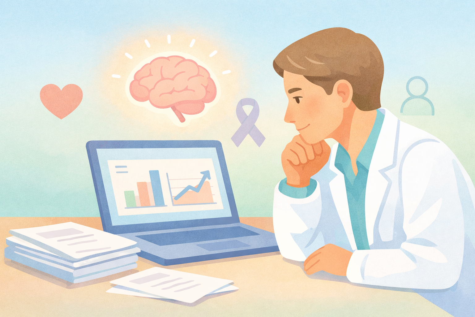 Calm Research Scene with Stylized Brain and Abstract Data Visuals