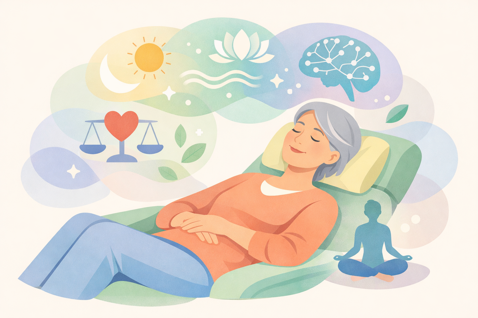 Serene woman in menopause relaxing during therapy session, surrounded by symbols of neuroplasticity, brain health, balance, and holistic wellness illustrating the science behind estrogen and psychedelic therapy for women's mental health.