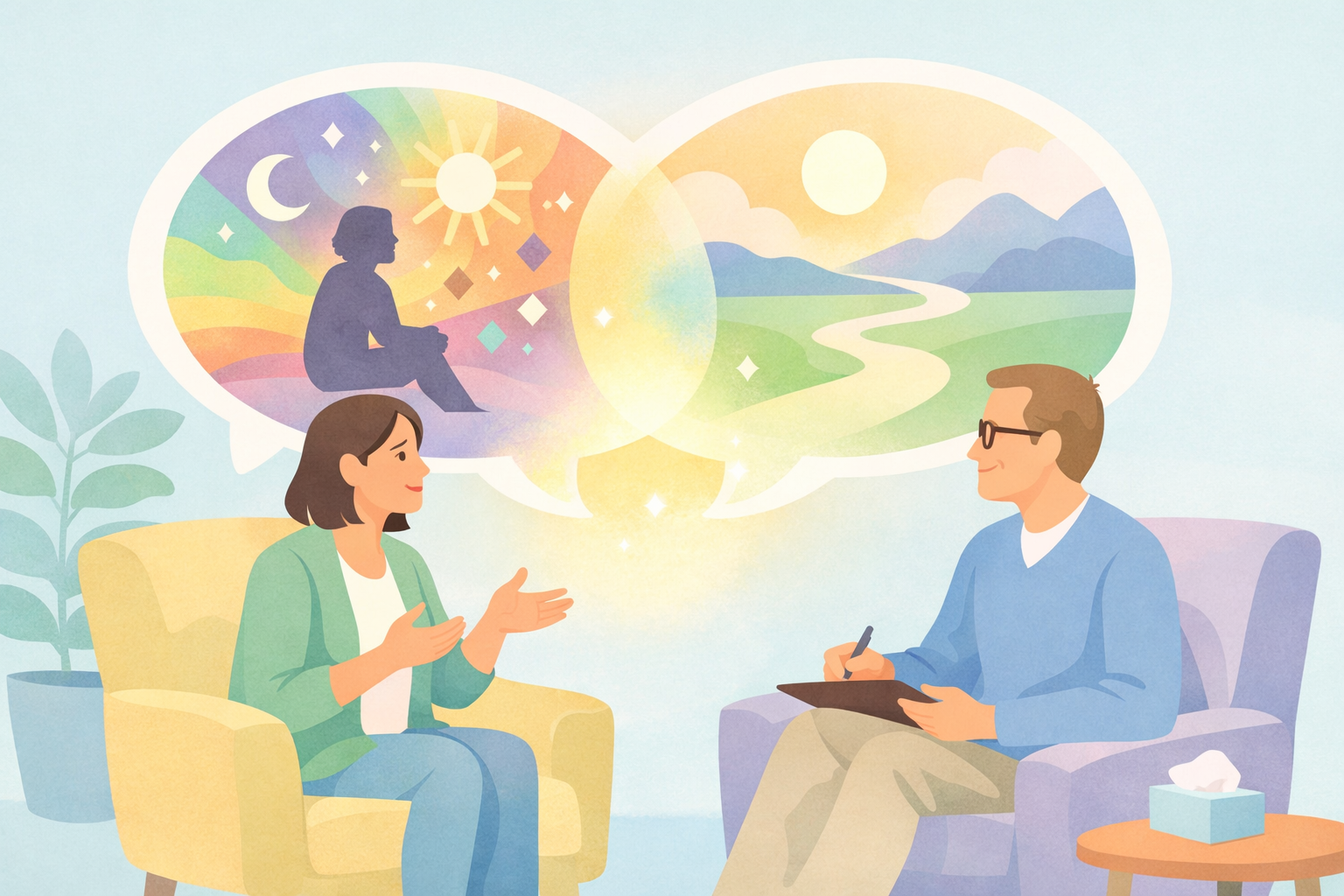 Circle of Adults in Soft Pastel Palette Discussing Psychedelic Experience