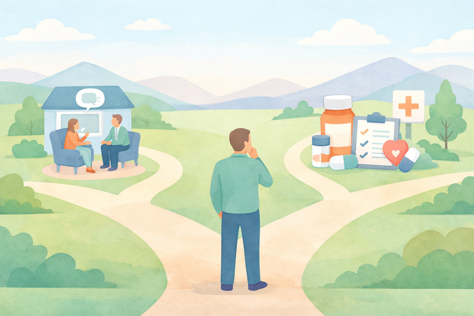 Client Considering Next Steps with Two Paths-1