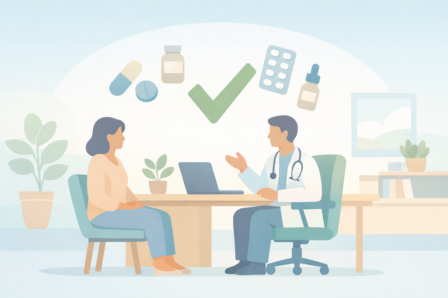 Soft pastel illustration of a patient and clinician in a collaborative consultation, representing the importance of medical supervision when combining ketamine treatment with antidepressants
