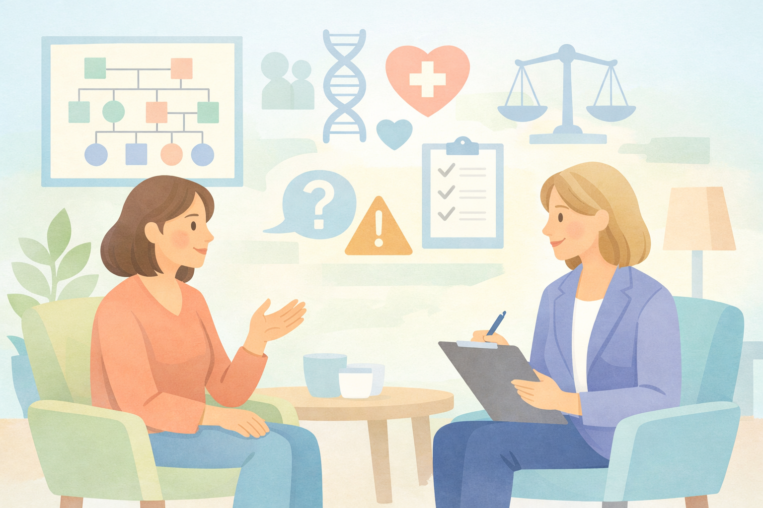 Counseling Session with Subtle Genetic Symbols and Soft Pastel Tones