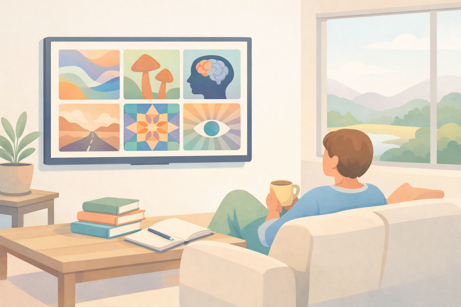 Cozy Minimalist Living Room with Psychedelic Documentary Grid