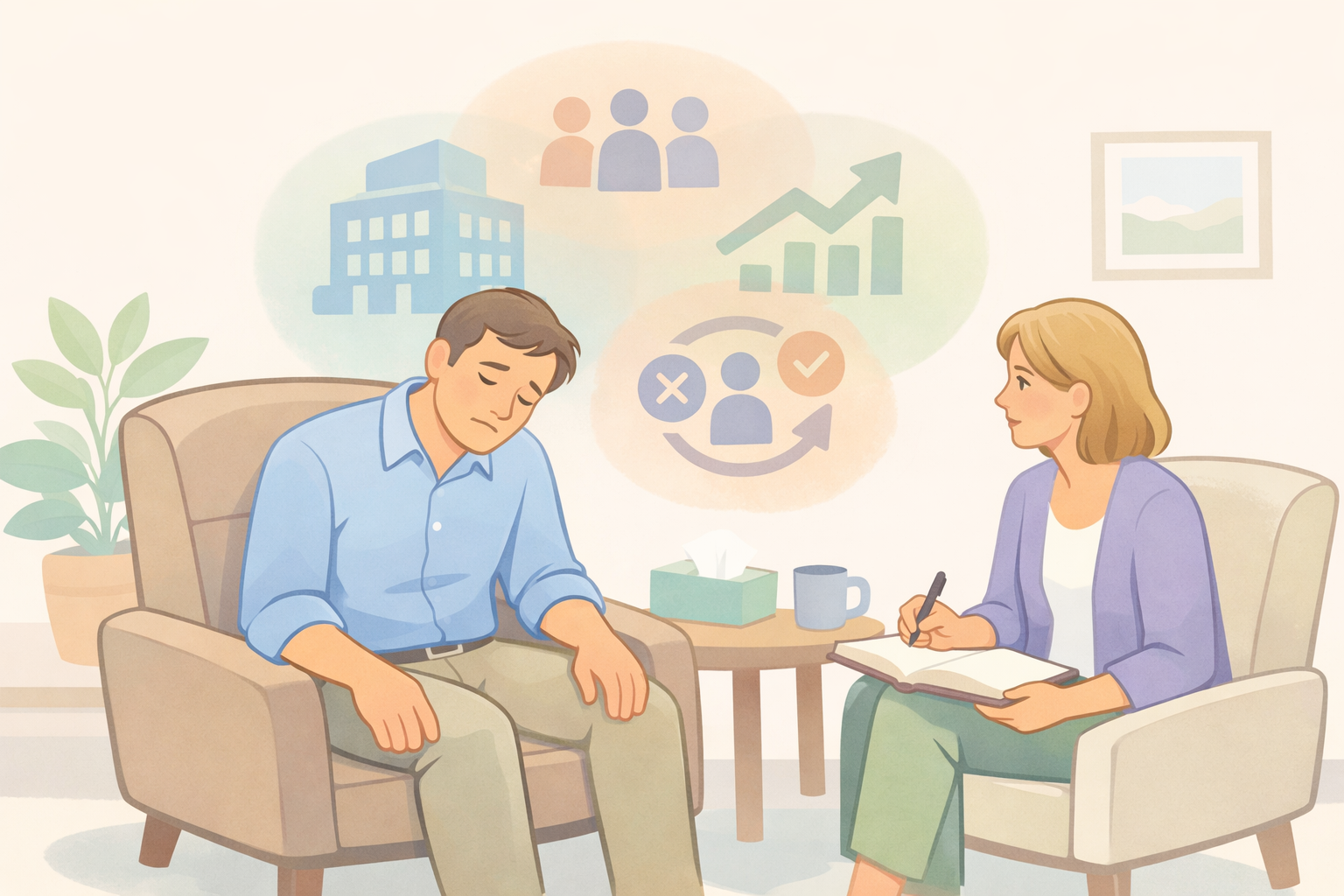 Executive in Therapy Room with Abstract Responsibilities