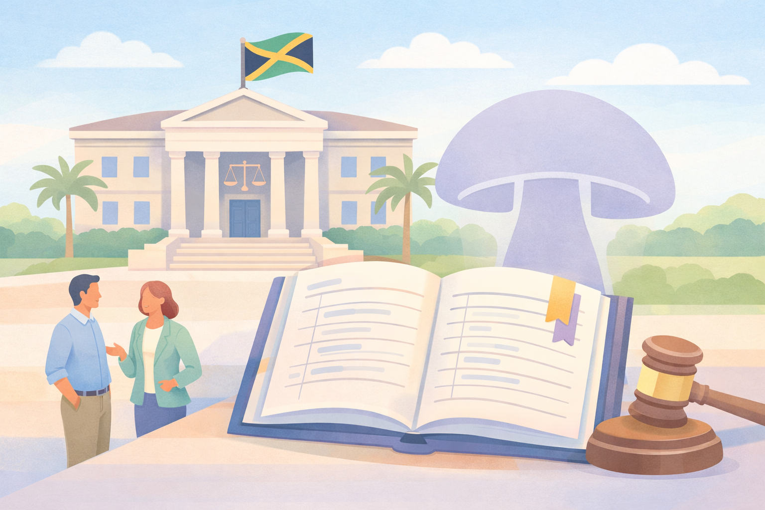 Flat vector illustration of a Jamaican courthouse with a psilocybin mushroom, an open legal ledger, and a judge's gavel in the foreground, representing Jamaica's legal framework and the absence of psilocybin from the country's Dangerous Drugs Act.