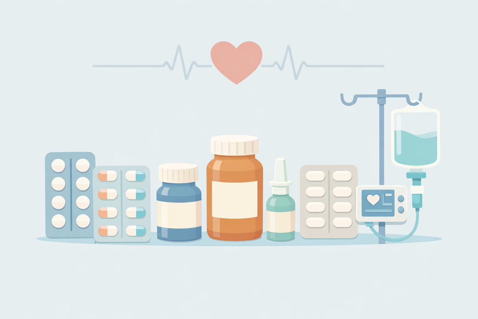 Medical illustration of a ketamine IV drip alongside a heart monitor pulse line, depicting cardiovascular monitoring considerations when combining ketamine with SSRIs or SNRIs
