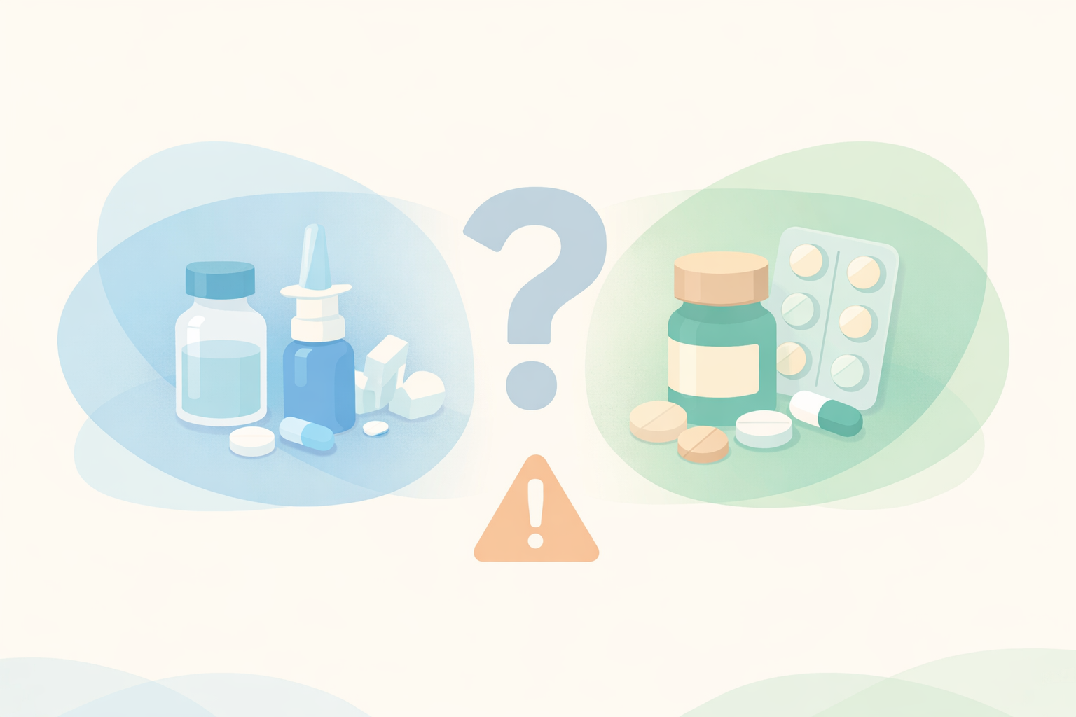 Illustration of ketamine and antidepressant pills with a caution warning symbol, highlighting drug interactions and medications to avoid during ketamine therapy for depression