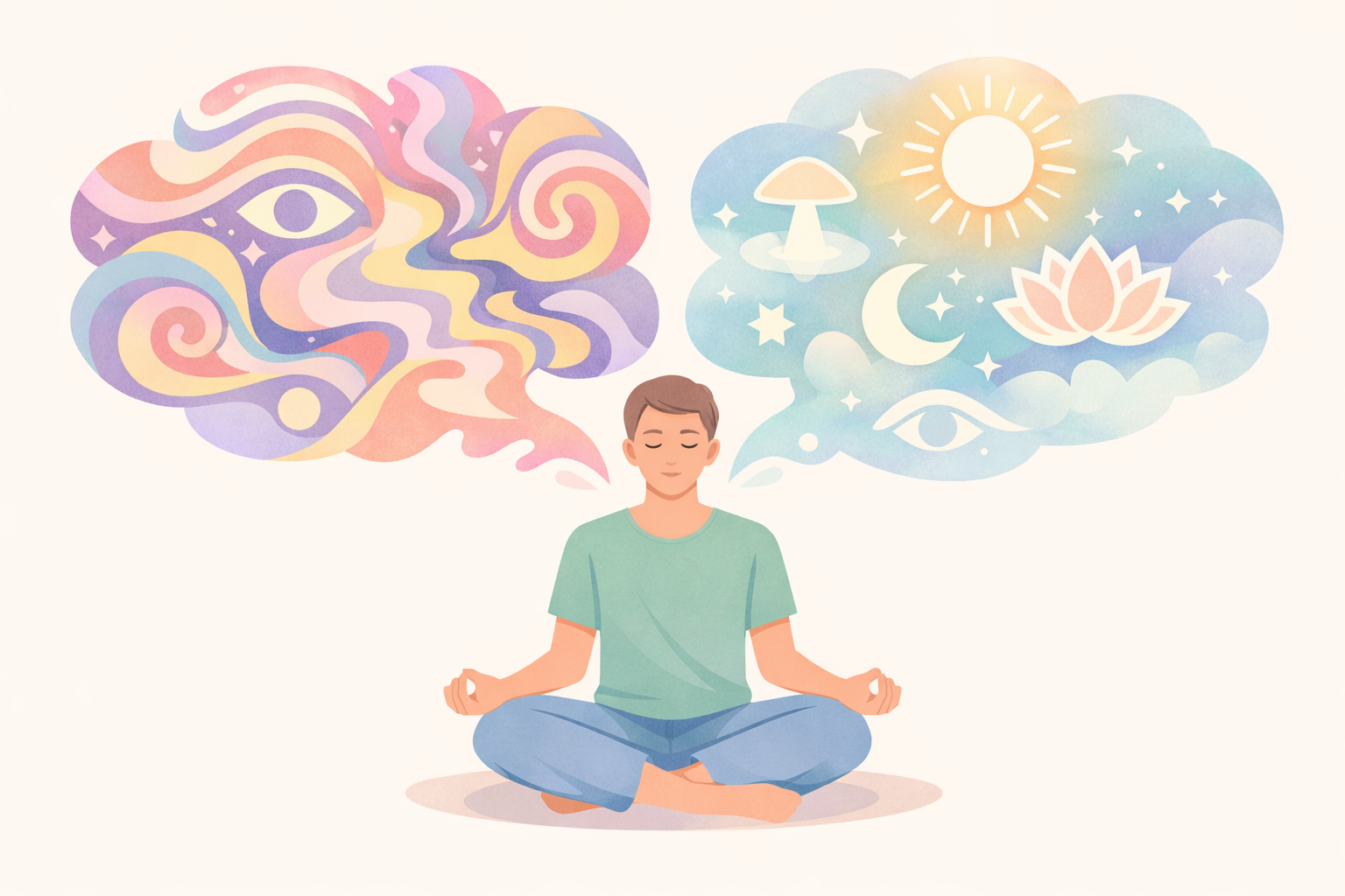 Meditating Figure with Psychedelic and Divine Thought Paths