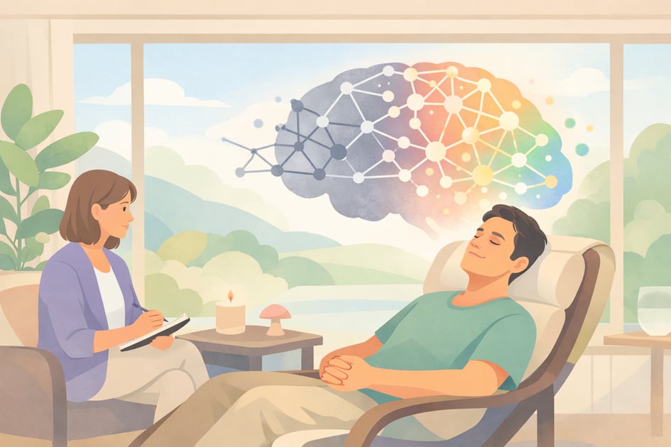 Flat vector illustration of a person reclining in psilocybin-assisted therapy with a facilitator, a glowing rewired brain visible above, representing neuroplasticity and brain healing after a psychedelic journey.