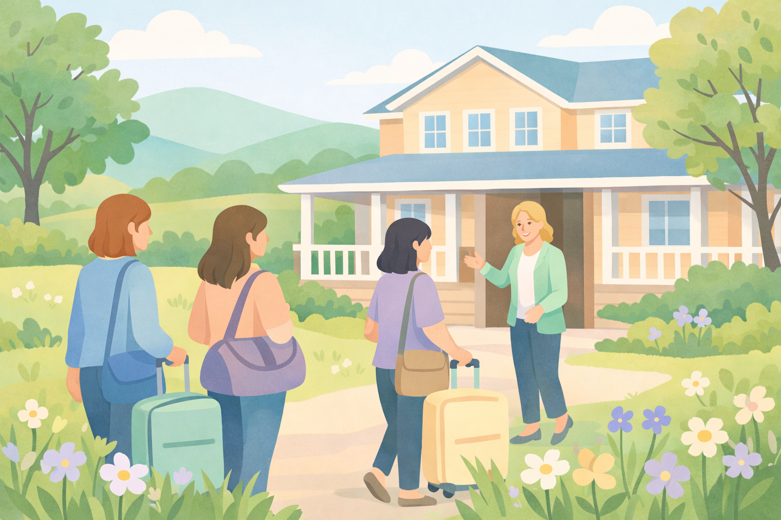 Nurturing Retreat House in Pastel Landscape