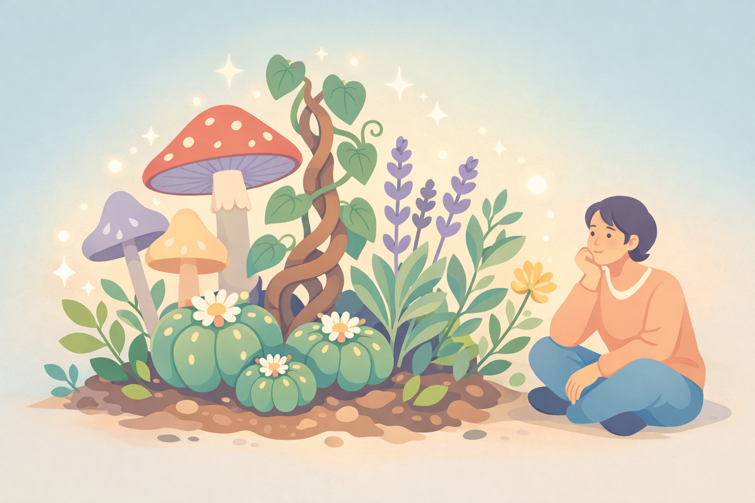 Pastel Botanical Sanctuary with Healing Glow and Reflective Figure-1