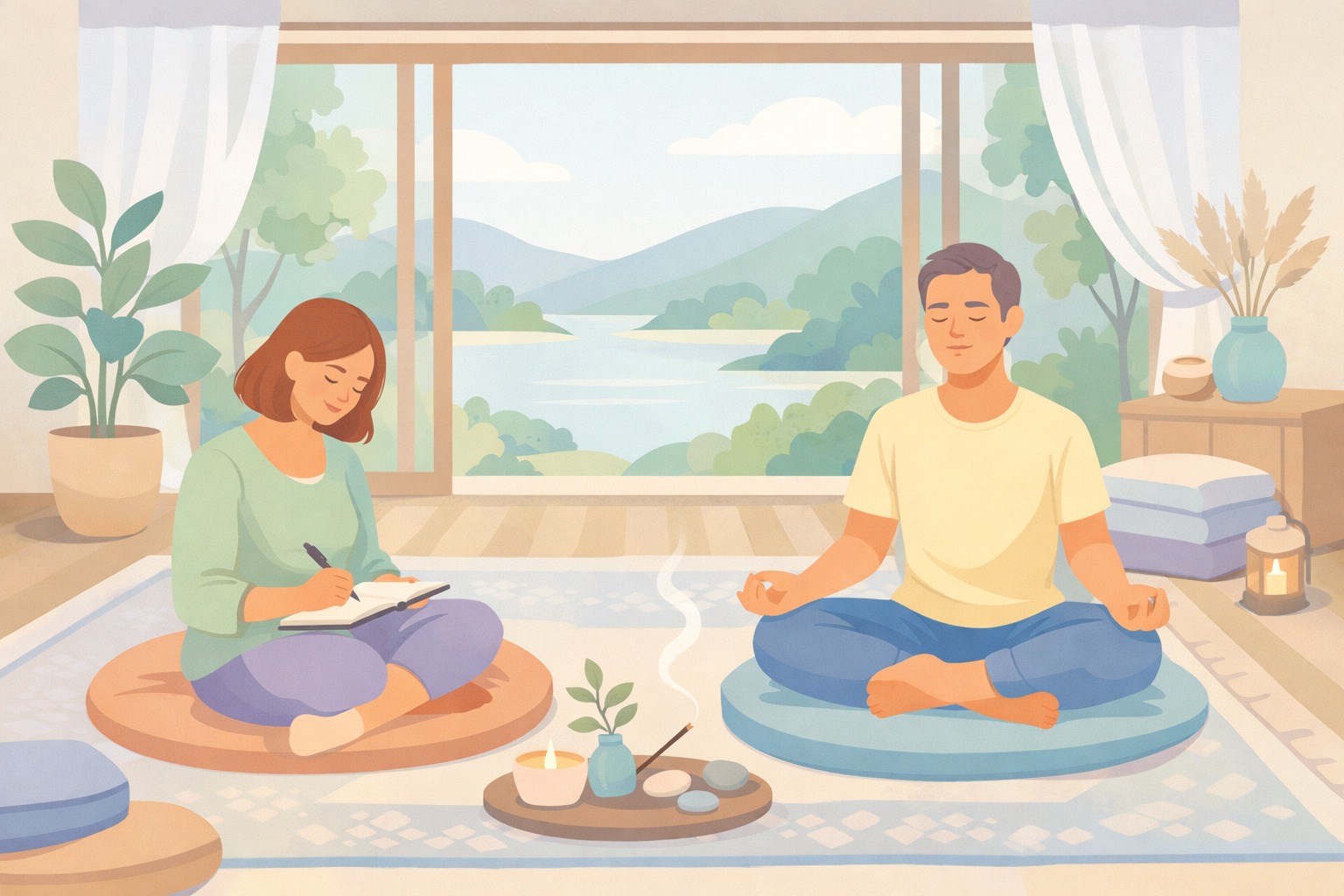 Adults meditating and journaling together in a peaceful retreat room, illustrating safe psilocybin retreat pre-screening, intention setting, and facilitator support during a multi-day psychedelic program.
