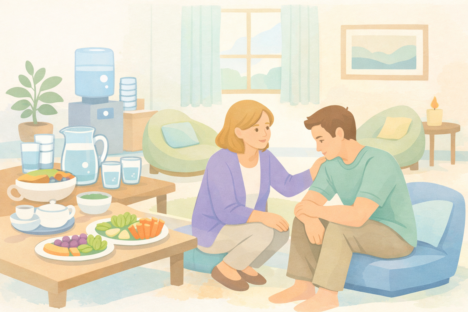 A peaceful retreat room with light meals, water, and facilitator support highlights practical psilocybin preparation, emphasizing safe set and setting and structured psychedelic therapy at Beckley Retreats.