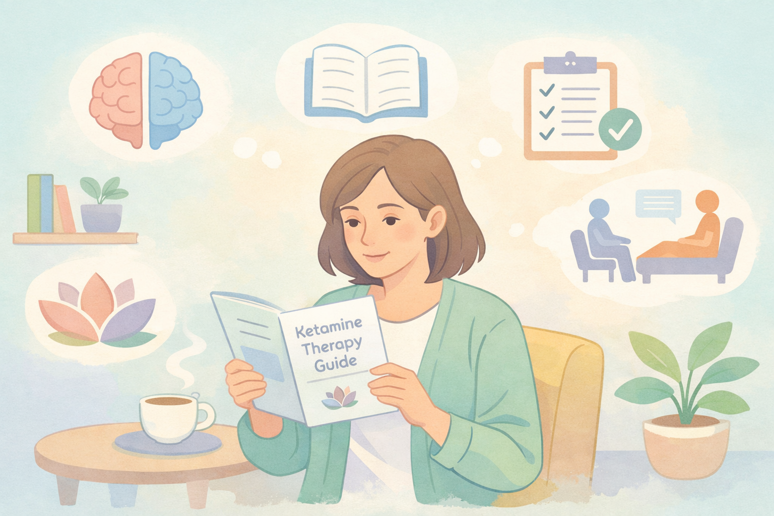Person Reading About Ketamine Therapy in Soft Pastel Room