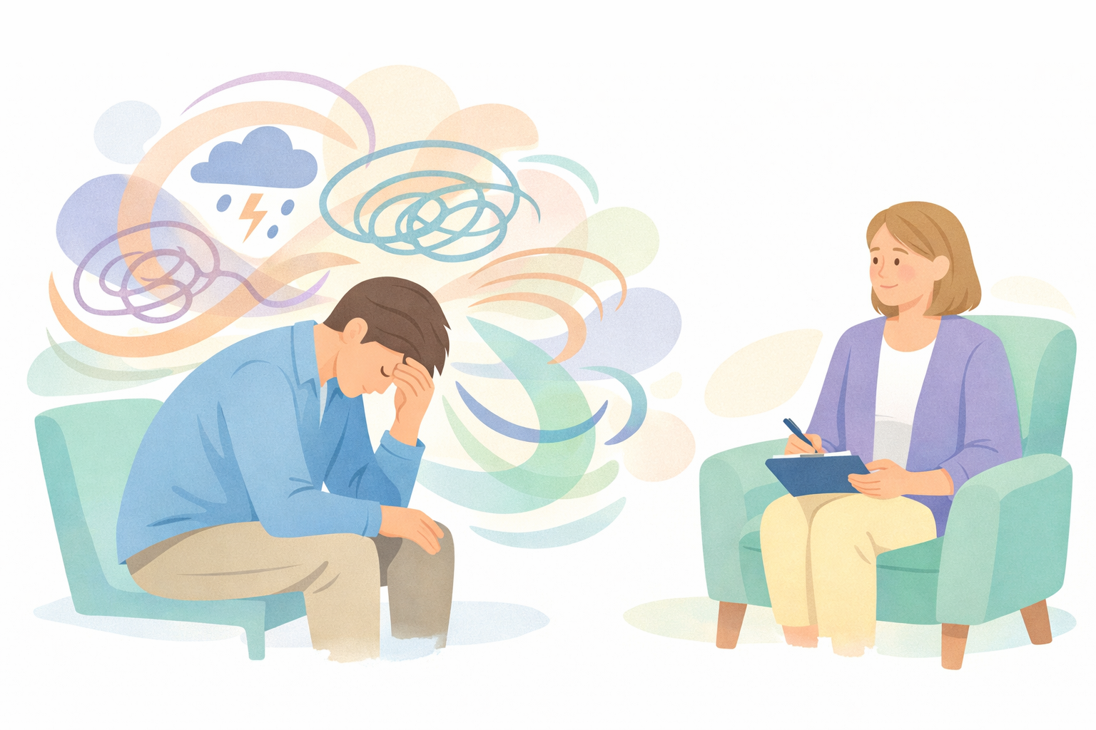 Person with Swirling Thoughts and Therapist in Pastel Palette-1