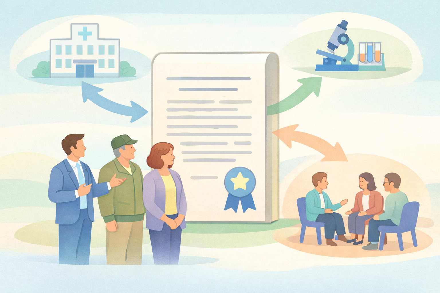 Policy Document Pillar with Care Icons and Group Interaction-1