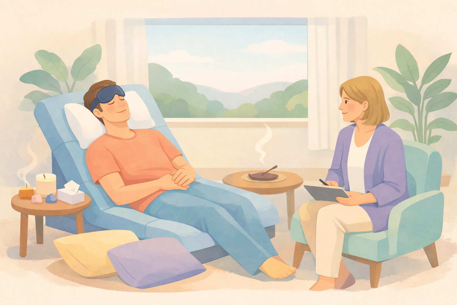 Therapist and client in a private therapy session illustrated in soft pastel colors, symbolizing personalized preparation and medical screening before a psilocybin retreat for mental health support.