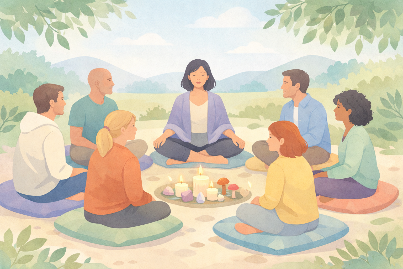 Group of people sitting in a psilocybin ceremony circle in a soft pastel environment, depicting community-based magic mushroom retreats in legally regulated locations like Jamaica and the Netherlands.