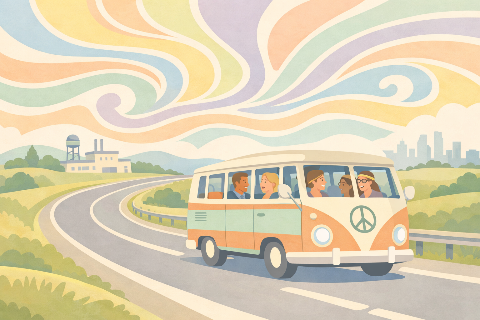 Psychedelic 1960s Road Trip in Soft Pastels