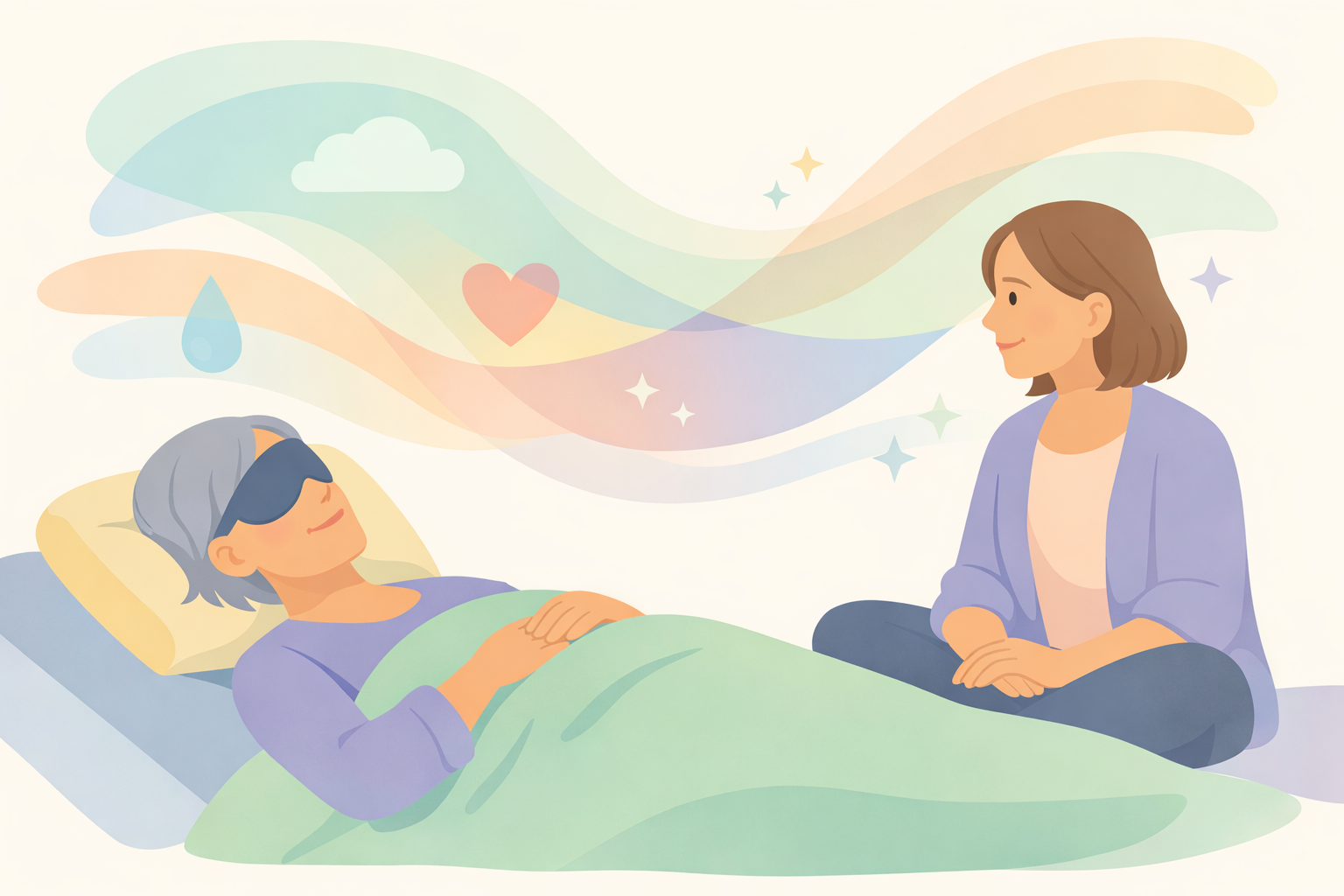 Woman in her 50s receiving psilocybin therapy with eye mask during a guided psychedelic session led by a female facilitator, showing emotional release and healing in a safe, supportive environment.
