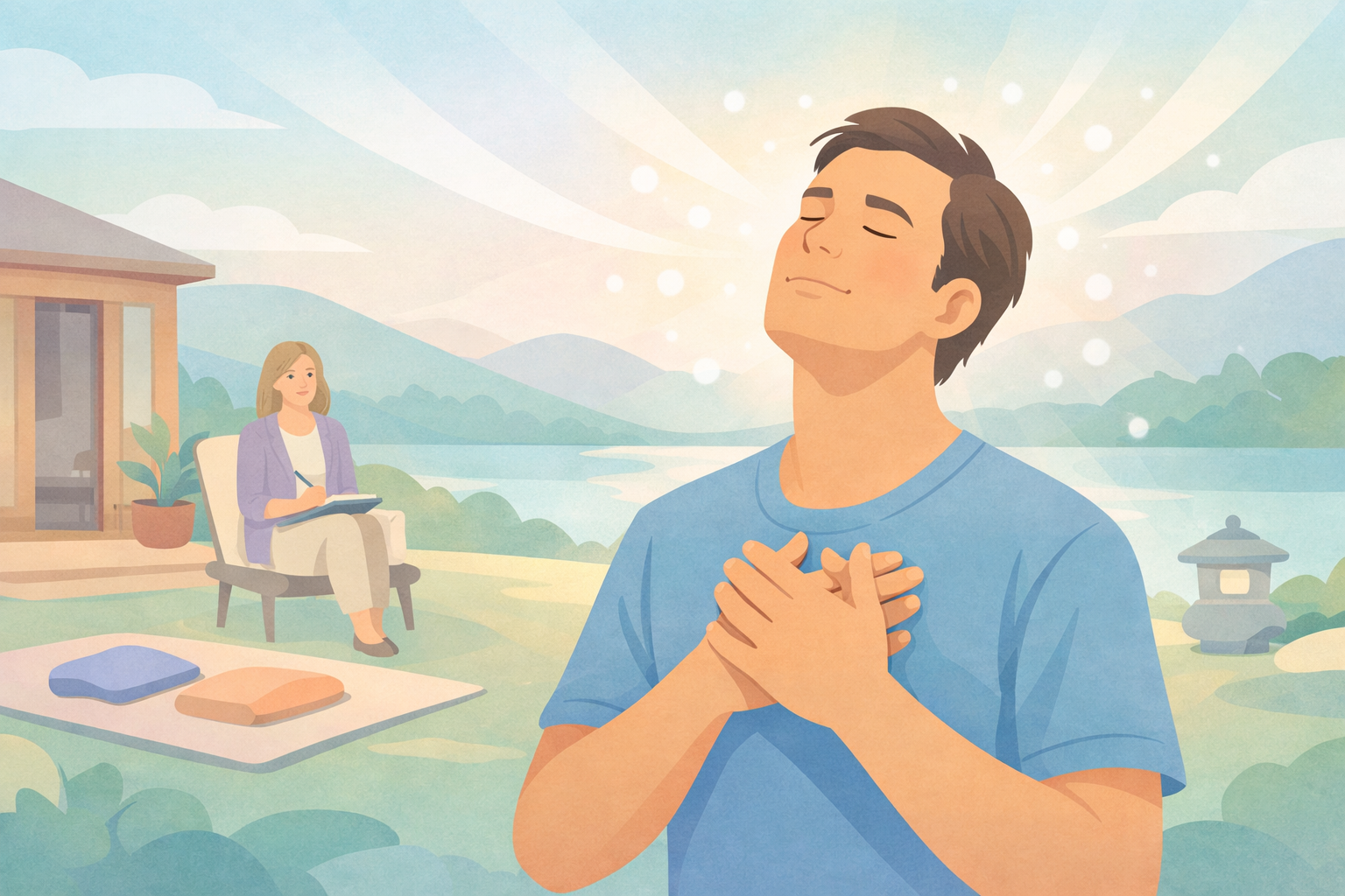 Person reflecting quietly in a tranquil retreat setting surrounded by nature, representing psilocybin integration practices like mindfulness, therapy, and time in nature after a guided mushroom ceremony.