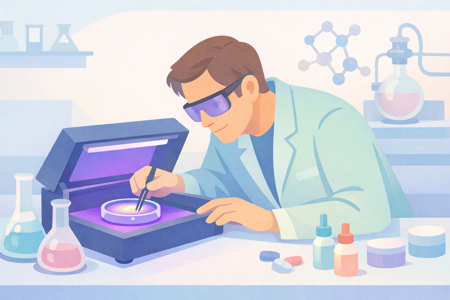 Researcher with UV Equipment in Pastel Laboratory Setting