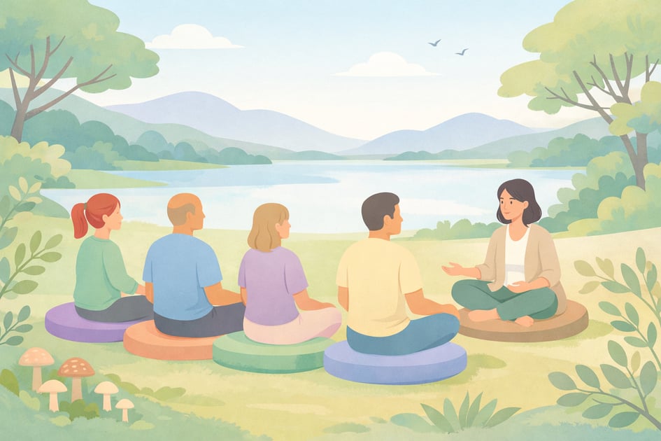 Adults participating in a guided psilocybin retreat circle in a calm, nature-inspired setting, representing how to choose a safe magic mushroom retreat and evaluate red and green flags, with Beckley Retreats support.