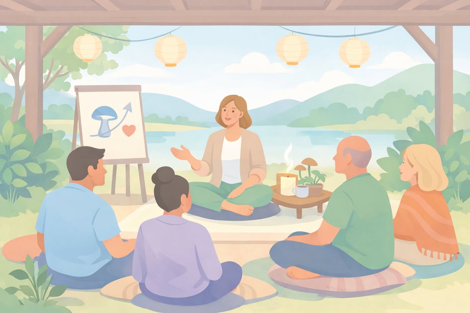 A serene Beckley Retreats setting shows a facilitator guiding a small group in nature, illustrating safe psilocybin preparation, intentional set and setting, and supportive psychedelic therapy environment.